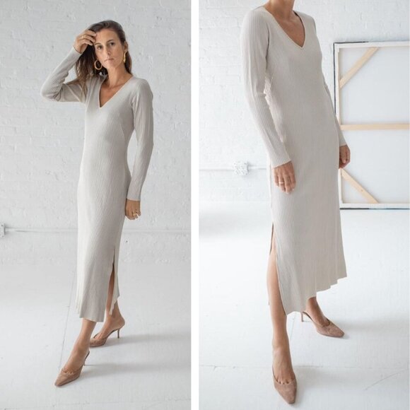 NEW AYR The Babe Dress Champagne Ribbed Knit Maxi Bodycon V-Neck Academia - Picture 1 of 9